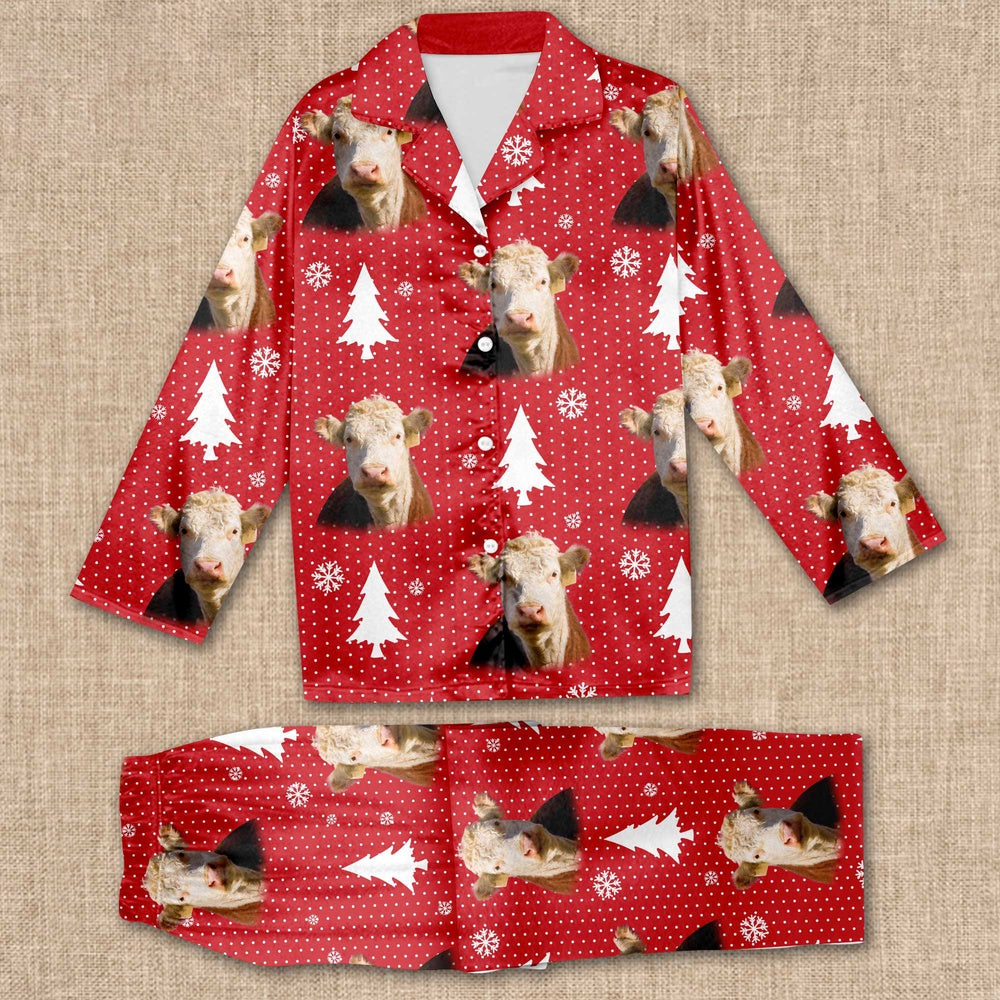 Hereford Cattle Chrismas Pattern All Over Print Pajamas Sets, Farm Pajamas, Farm Animal Pajamas, Christmas Farm Pajamas