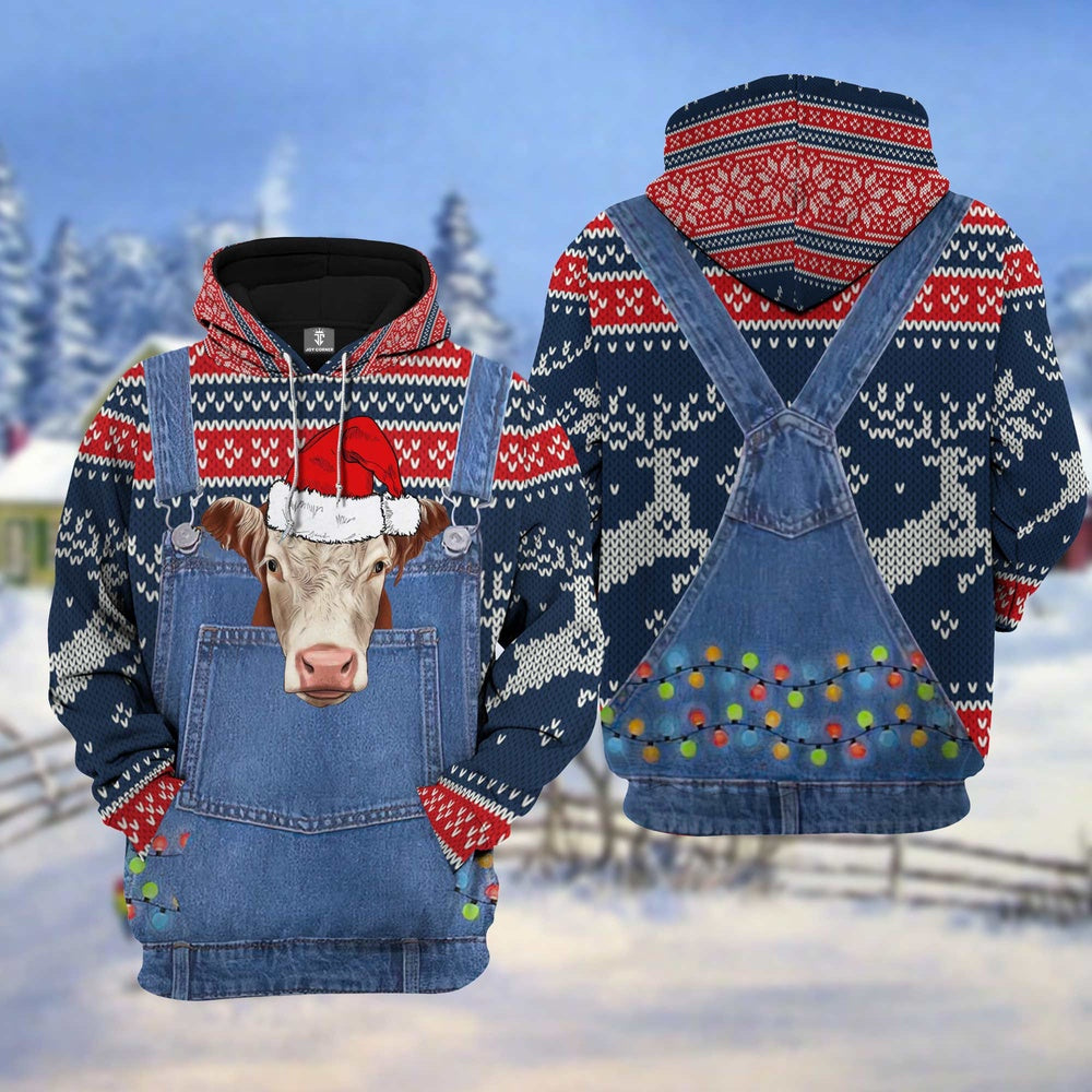 Hereford Cattle Christmas Knitting Pattern 3D Hoodie, Farmer Hoodie, Farm Themed Shirts, Farm Tee Shirts
