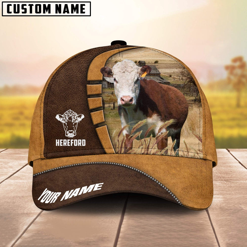 Hereford Cattle Customized Name Brown 3D Cap, Farmer Cap, Cap For Farmers, Best Farm Hat, Farm Use Hat