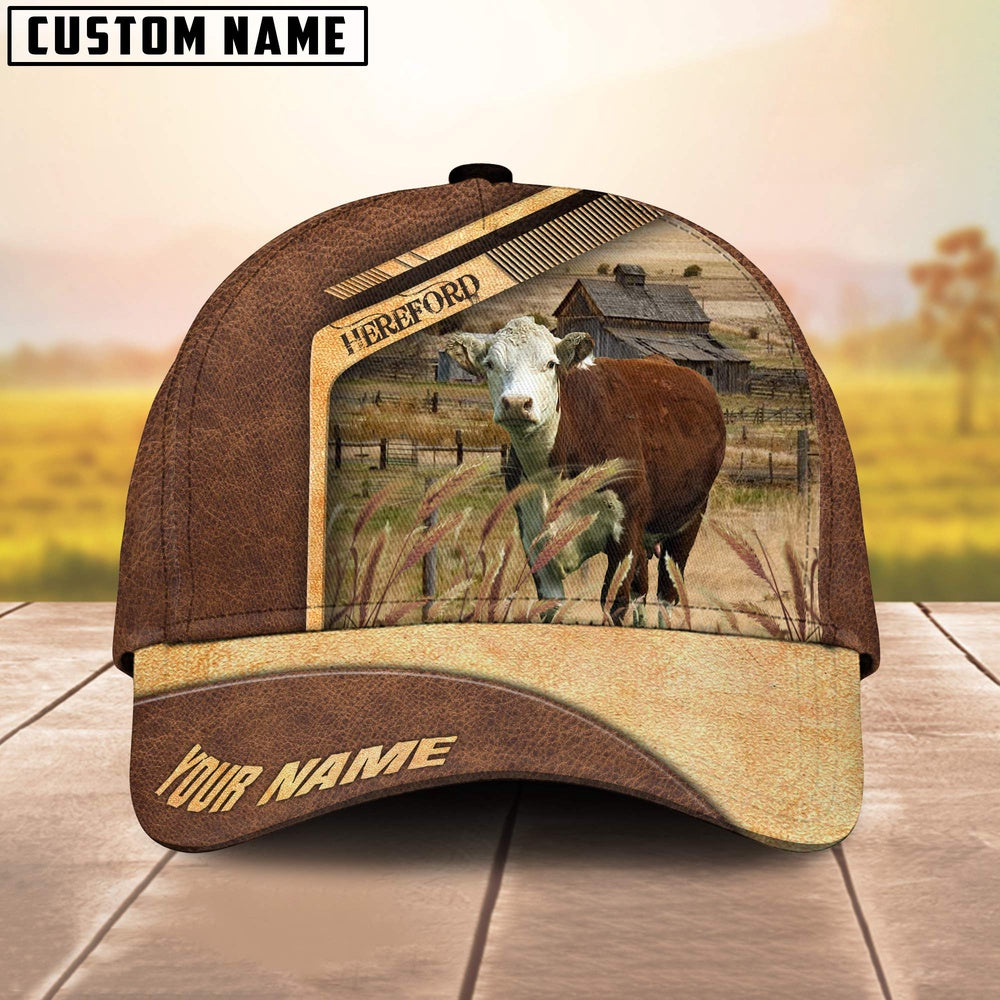 Hereford Cattle Customized Name Brown Farm Cap, Farmer Cap, Cap For Farmers, Best Farm Hat, Farm Use Hat