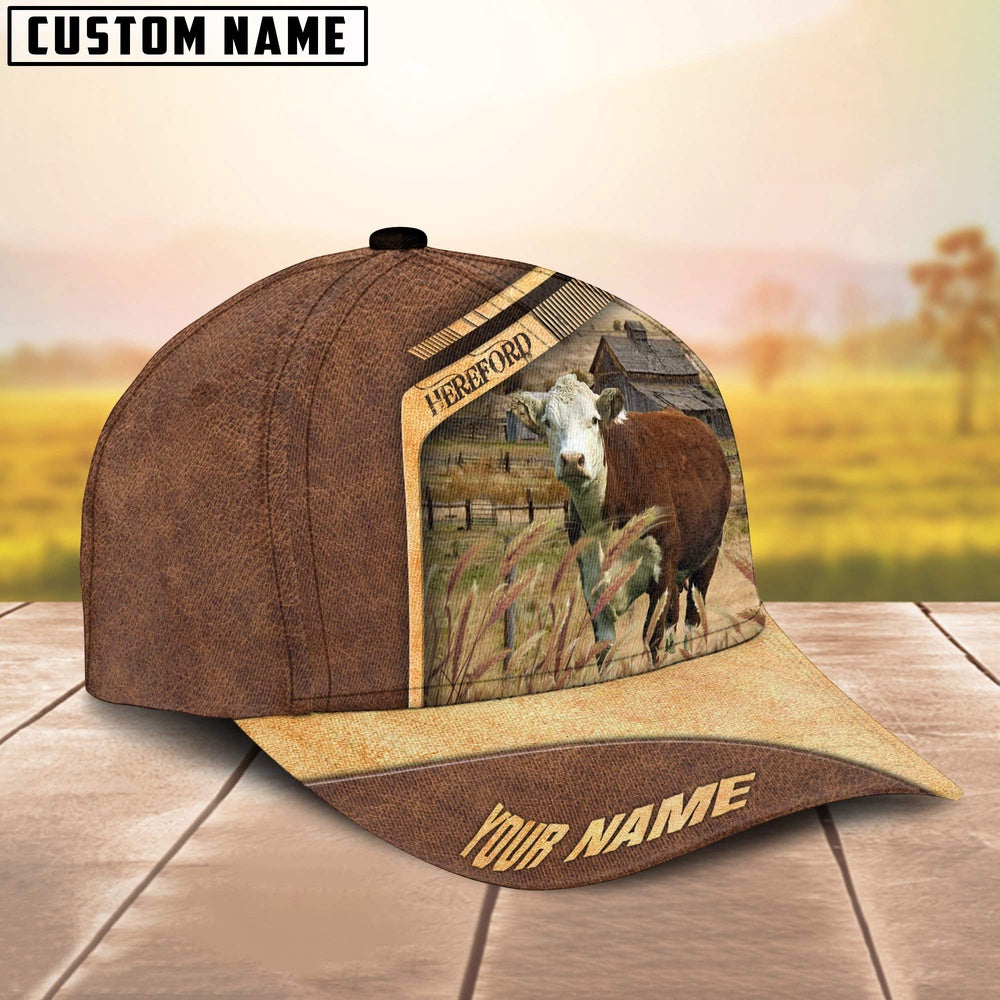 Hereford Cattle Customized Name Brown Farm Cap, Farmer Cap, Cap For Farmers, Best Farm Hat, Farm Use Hat