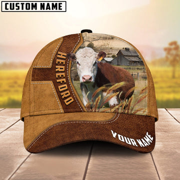 Hereford Cattle Customized Name Brown Leather Pattern Cap, Farmer Cap, Cap For Farmers, Best Farm Hat, Farm Use Hat