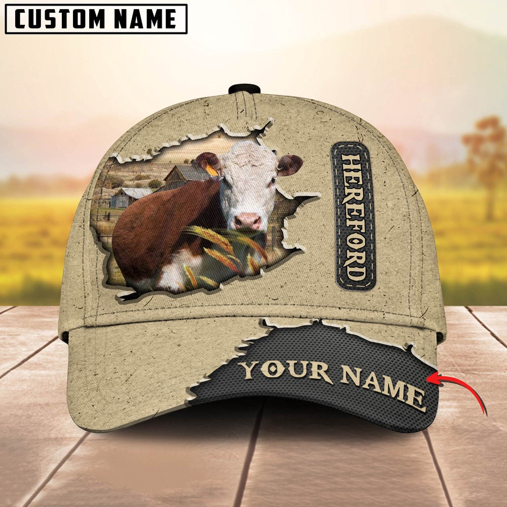 Hereford Cattle Customized Name Khaki Leather Pattern Cap, Farmer Cap, Cap For Farmers, Best Farm Hat, Farm Use Hat