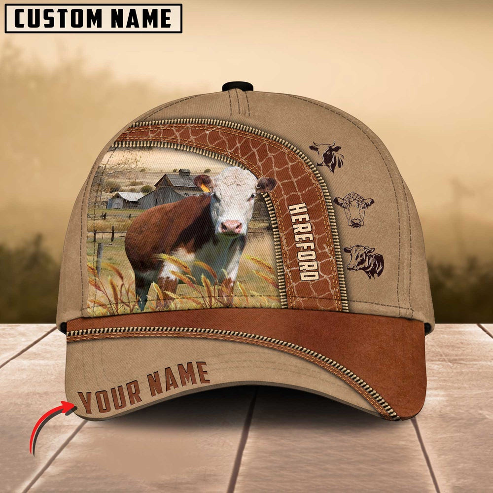 Hereford Cattle Customized Name Light Brown Cap, Farmer Cap, Cap For Farmers, Best Farm Hat, Farm Use Hat