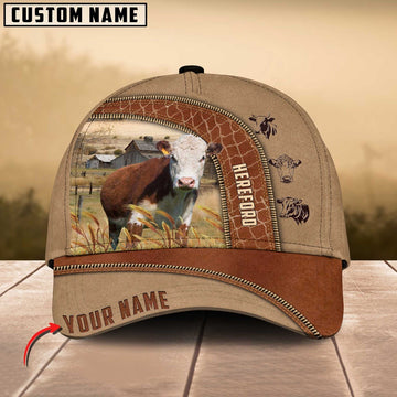 Hereford Cattle Customized Name Light Brown Cap, Farmer Cap, Cap For Farmers, Best Farm Hat, Farm Use Hat