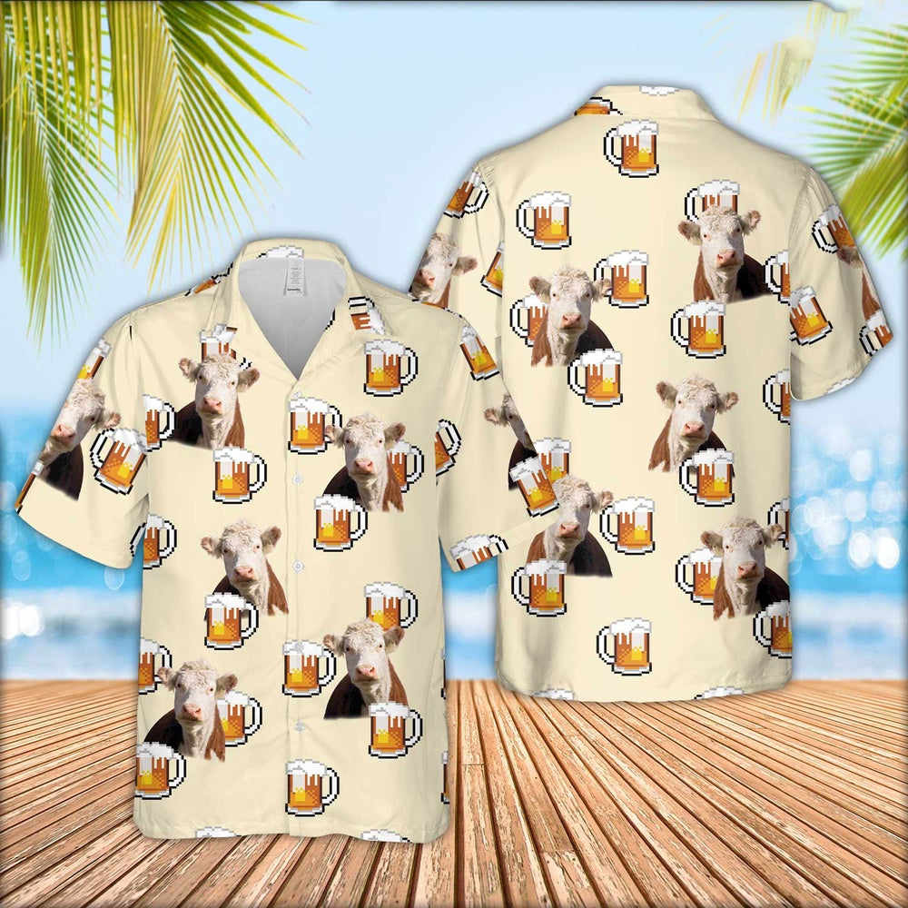 Hereford Cattle Drink Beer Pattern Hawaiian Shirt, Farm Hawaiian Shirt, Farmer Hawaii