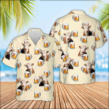 Hereford Cattle Drink Beer Pattern Hawaiian Shirt, Farm Hawaiian Shirt, Farmer Hawaii