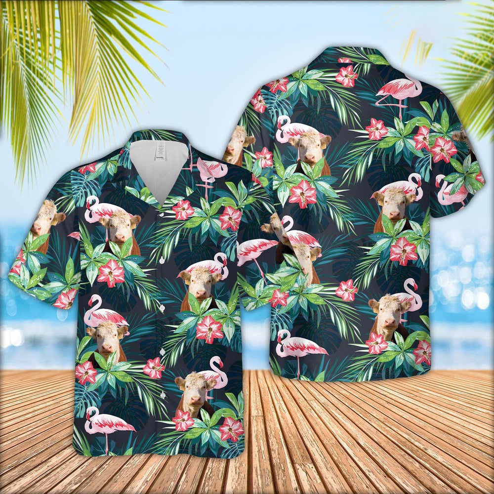 Hereford Cattle Flamingo Hawaiian Shirt, Farm Hawaiian Shirt, Farmer Hawaii