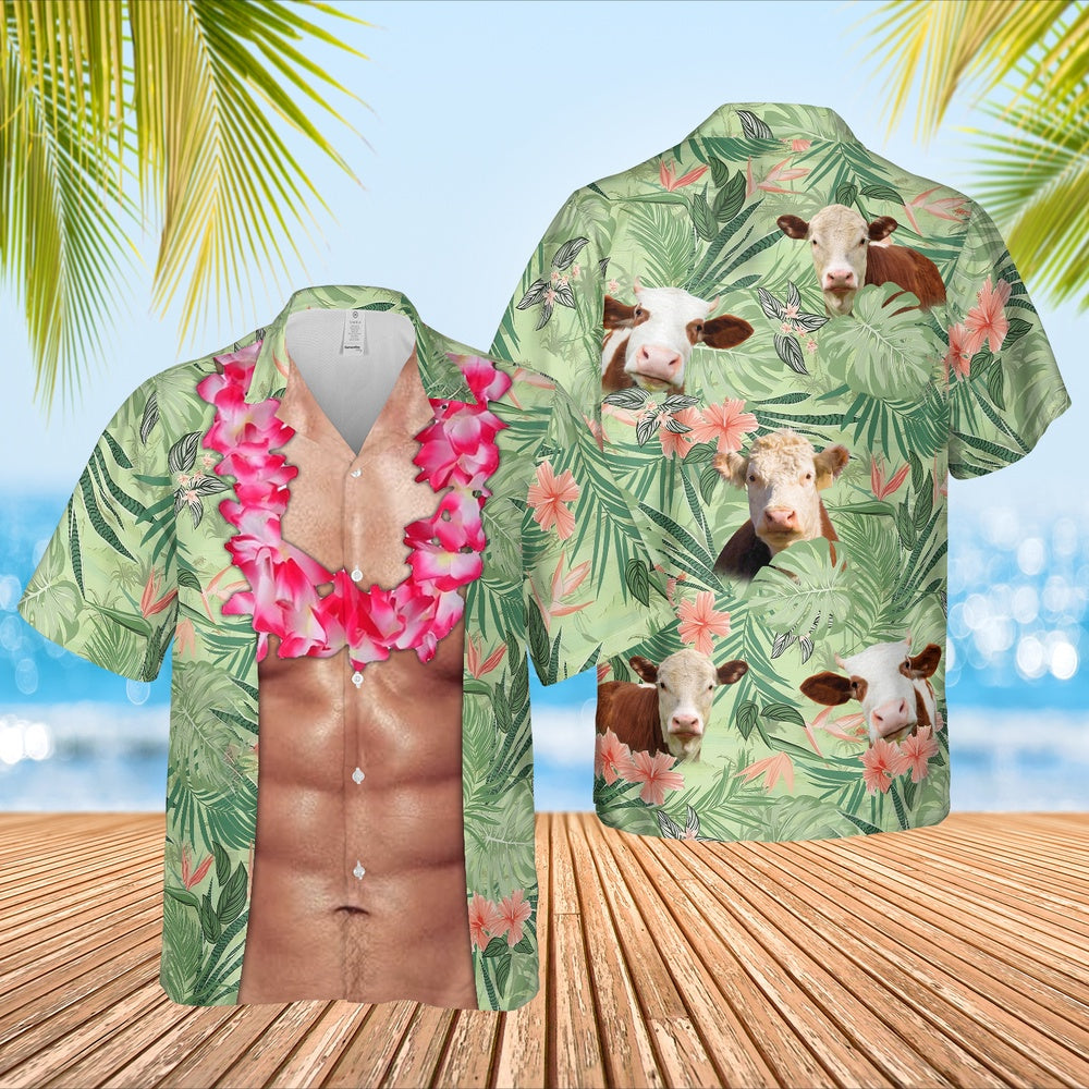 Hereford Cattle Funny 6-pack Body Hawaiian Shirt, Farm Hawaiian Shirt, Farmer Hawaii
