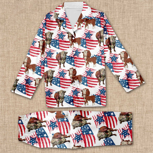 Hereford Cattle Happy US Flag Pattern All Over Print Pajamas Sets, Farm Pajamas, Farm Animal Pajamas, Christmas Farm Pajamas