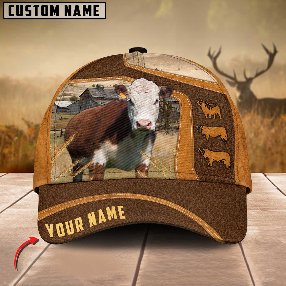Hereford Cattle Leather Pattern Customized Name Cap, Farmer Cap, Cap For Farmers, Best Farm Hat, Farm Use Hat