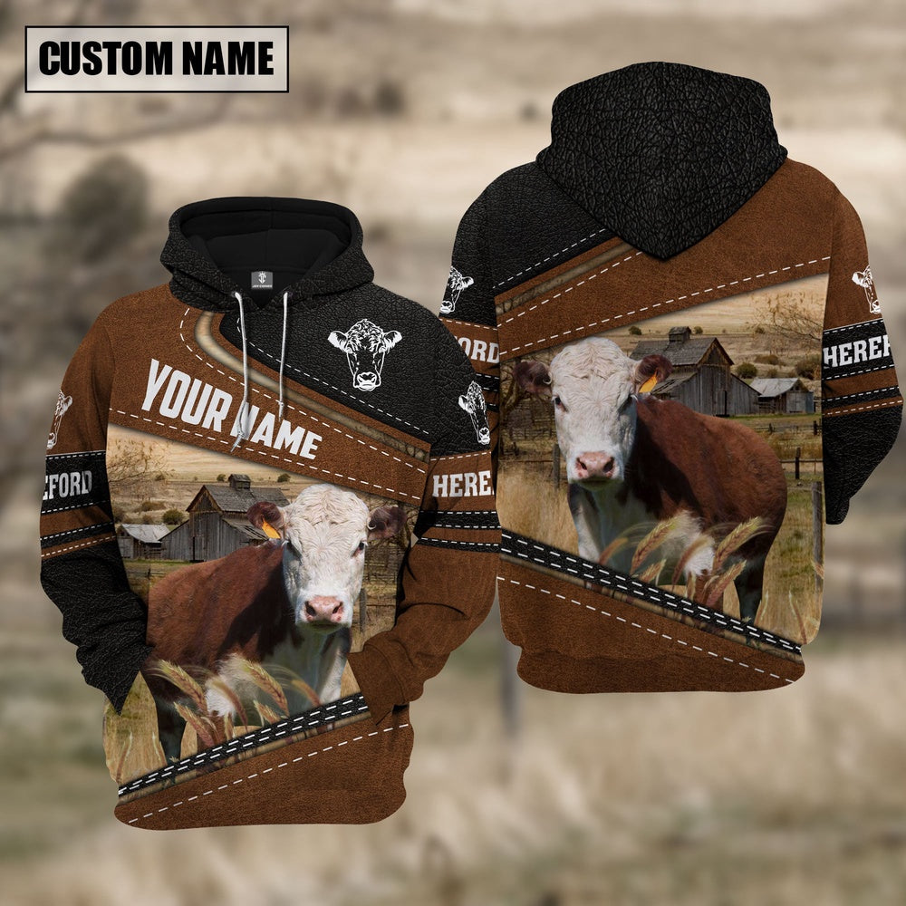 Hereford Cattle Leather Pattern Farm Personalized 3D Hoodie, Farmer Hoodie, Custom Farm Shirts, Farmer T Shirt