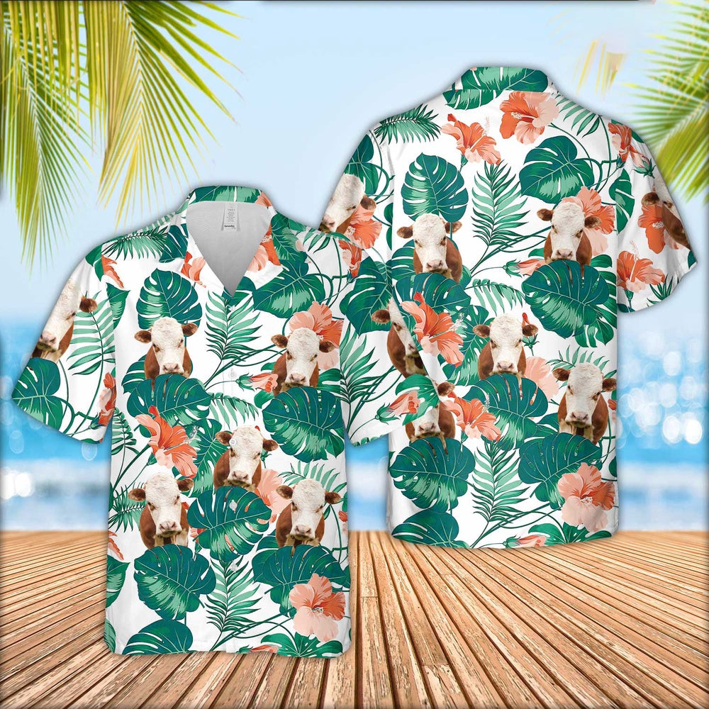 Hereford Cattle Pattern 3D Men Hawaiian Shirt, Farm Hawaiian Shirt, Farmer Hawaii
