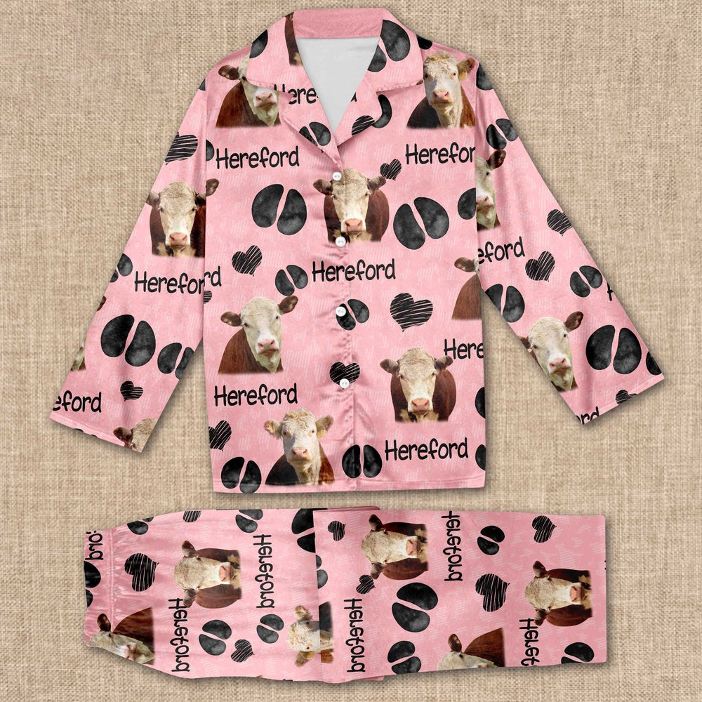 Hereford Cattle Pattern All Over Print Pajamas Sets, Farm Pajamas, Farm Animal Pajamas, Christmas Farm Pajamas