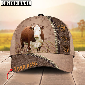 Hereford Cattle Personalized Name Brown Leather Pattern Cap, Farmer Cap, Cap For Farmers, Best Farm Hat, Farm Use Hat