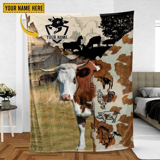 Hereford Cattle Personalized Name Feather Pattern Blanket, Farm Blanket, Farm Animal Blanket