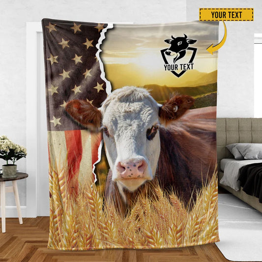 Hereford Cattle Personalized Name U.S Flag Blanket, Farm Blanket, Farm Animal Blanket