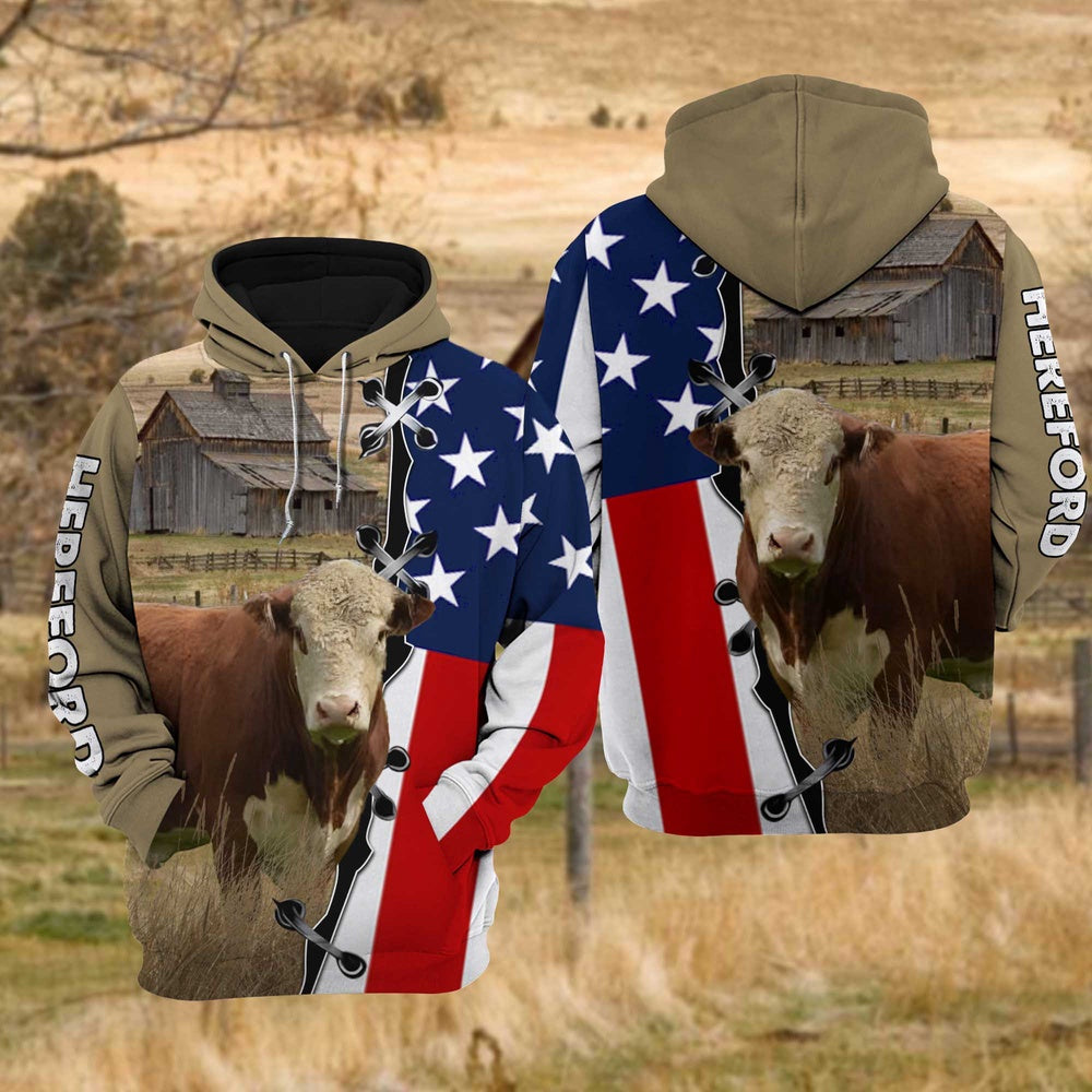 Hereford Cattle US Flag All Over Printed Hoodie, Farmer Hoodie, Farm Themed Shirts, Farm Tee Shirts