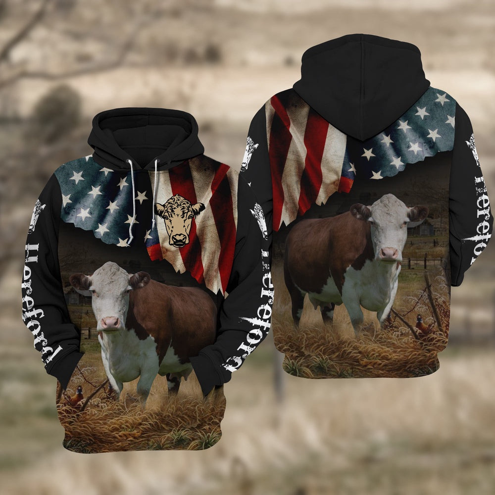 Hereford Cattle US Flag All Over Printed Hoodie TT, Farmer Hoodie, Farm Themed Shirts, Farm Tee Shirts