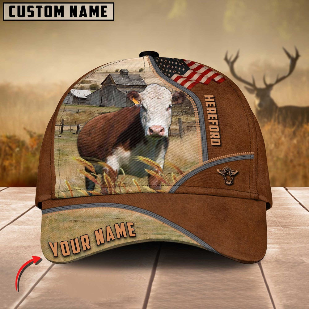 Hereford Cattle US Flag Customized Name Brown Cap, Farmer Cap, Cap For Farmers, Best Farm Hat, Farm Use Hat