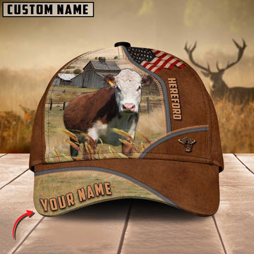 Hereford Cattle US Flag Customized Name Brown Cap, Farmer Cap, Cap For Farmers, Best Farm Hat, Farm Use Hat