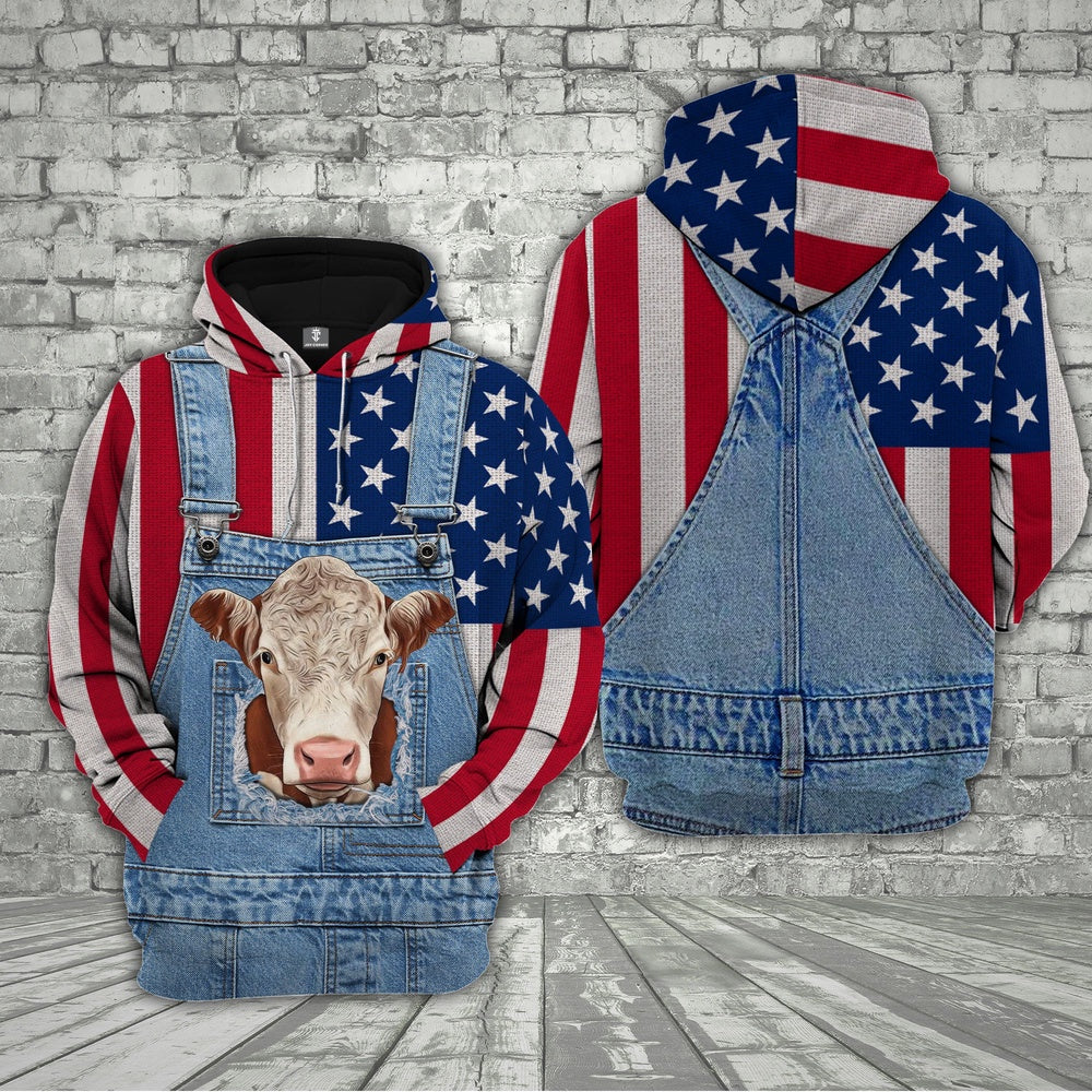 Hereford Cattle US Flag Farm Personalized 3D Hoodie, Farmer Hoodie, Custom Farm Shirts, Farmer T Shirt