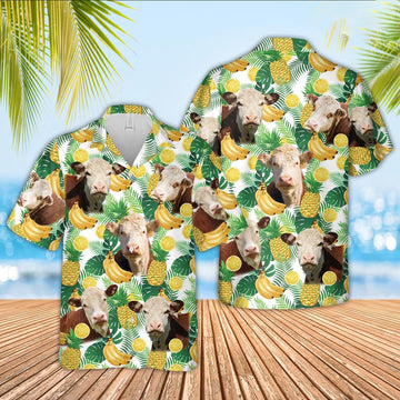 Hereford Cattle White Tropical Fruits Pattern Hawaiian Shirt, Farm Hawaiian Shirt, Farmer Hawaii