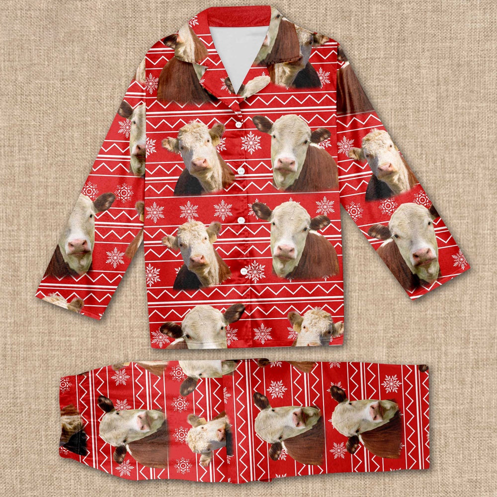 Hereford Christmas Pattern All Over Print Pajamas Sets, Farm Pajamas, Farm Animal Pajamas, Christmas Farm Pajamas