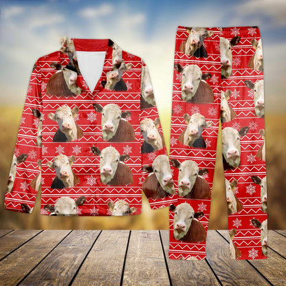 Hereford Christmas Pattern All Over Print Pajamas Sets, Farm Pajamas, Farm Animal Pajamas, Christmas Farm Pajamas