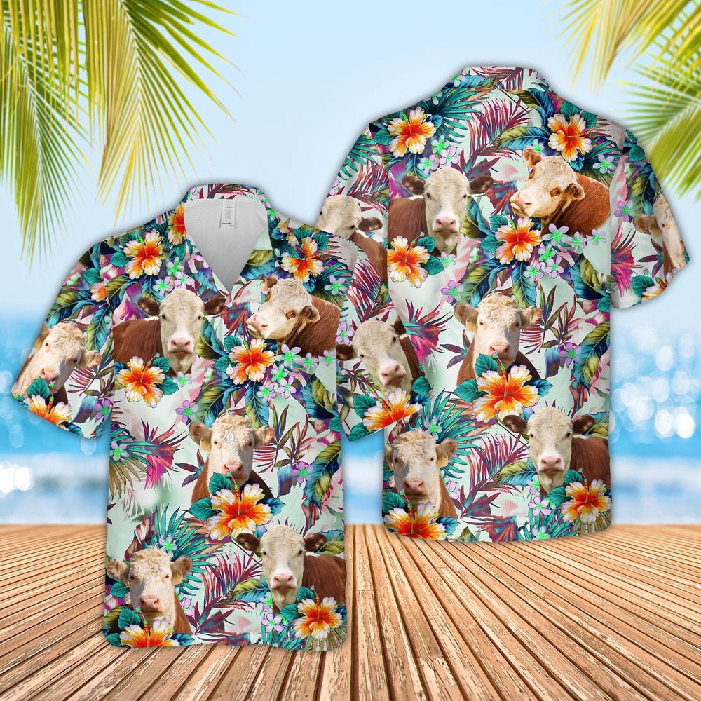 Hereford Cows with Flowers Hawaiian Shirt, Farm Hawaiian Shirt, Farmer Hawaii