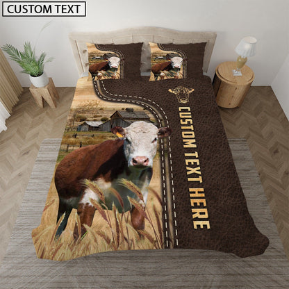 Hereford Custom Text Leather Pattern Bedding Set, Farm Bedding Set, Farmhouse Bedding Set