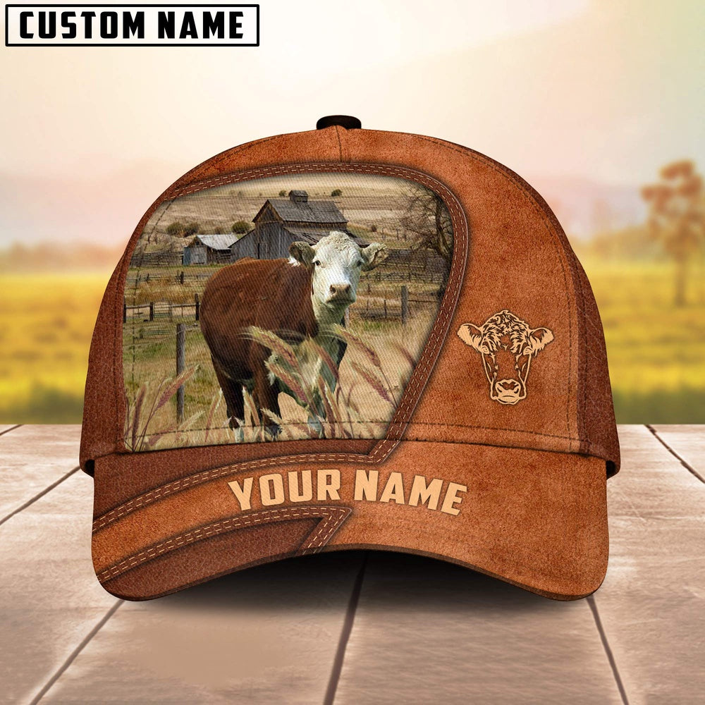 Hereford Customized Name Brown Leather Pattern Cap, Farmer Cap, Cap For Farmers, Best Farm Hat, Farm Use Hat