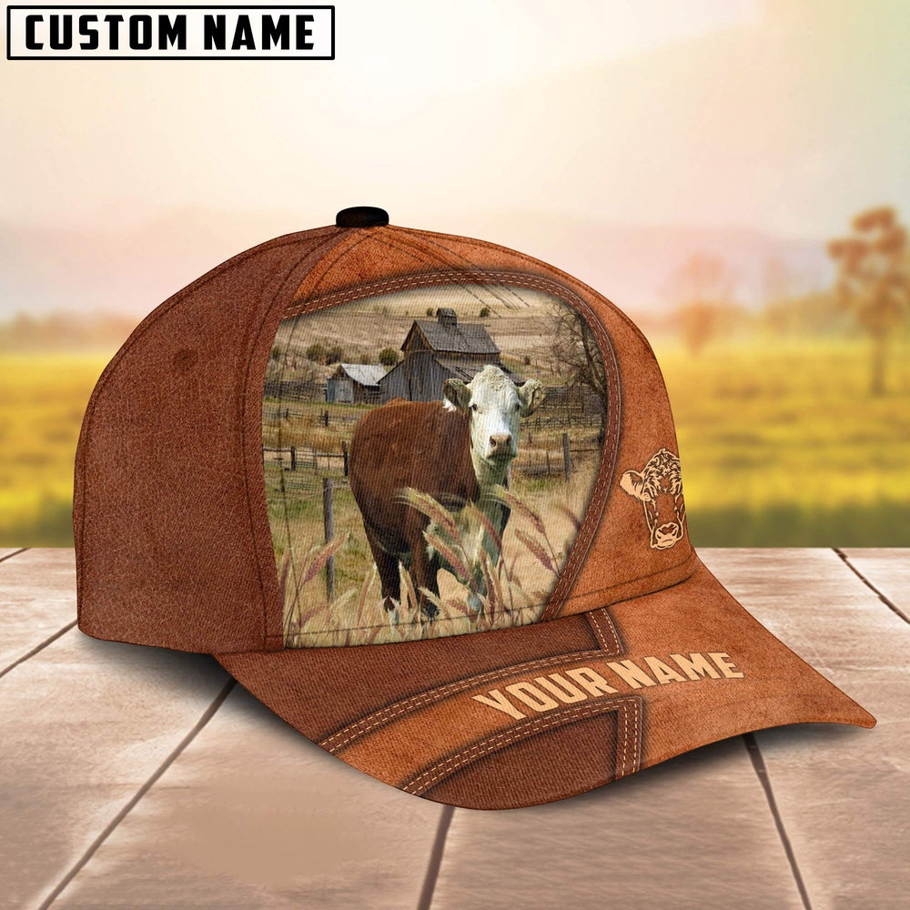 Hereford Customized Name Brown Leather Pattern Cap, Farmer Cap, Cap For Farmers, Best Farm Hat, Farm Use Hat
