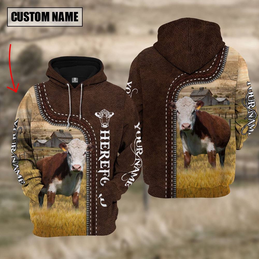 Hereford Farming Leather Pattern Personalized 3D Hoodie, Farmer Hoodie, Custom Farm Shirts, Farmer T Shirt