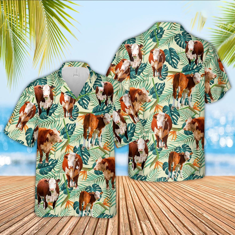 Hereford Green Pattern Hawaiian Shirt, Farm Hawaiian Shirt, Farmer Hawaii