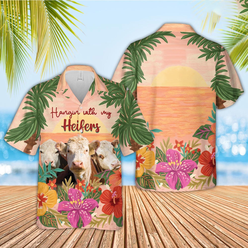 Hereford Hangin with my Heifers Hawaiian Shirt, Farm Hawaiian Shirt, Farmer Hawaii