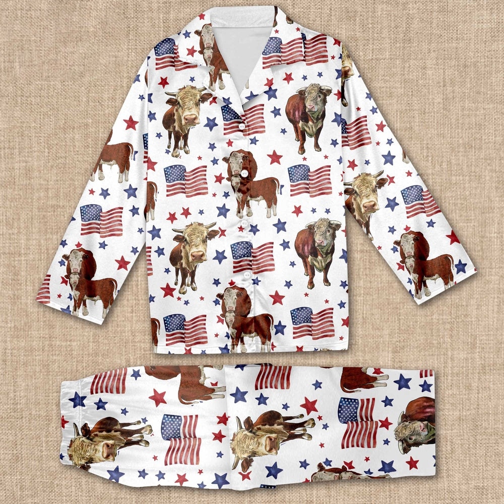 Hereford Happy Star US Flag Pattern All Over Print Pajamas Sets, Farm Pajamas, Farm Animal Pajamas, Christmas Farm Pajamas