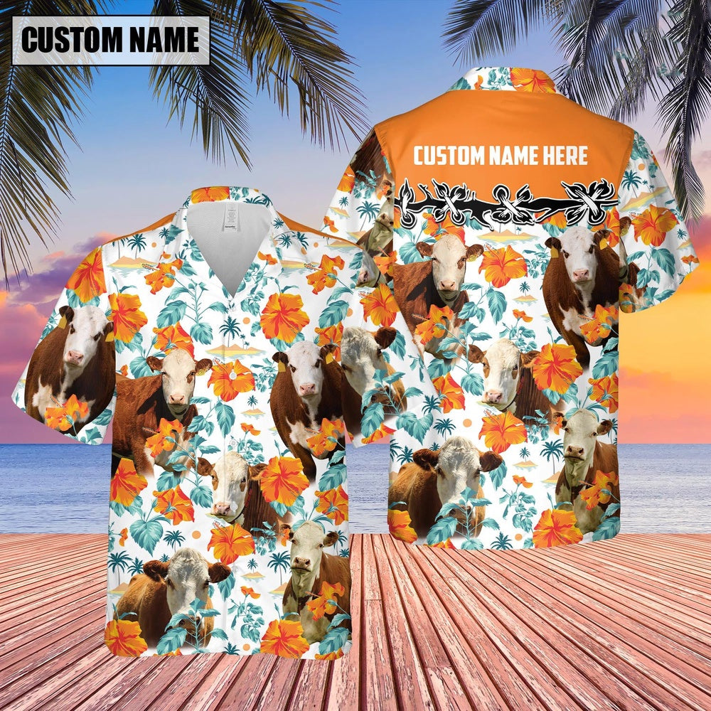 Hereford Hibiscus Floral Custom Name Hawaiian Shirt, Farm Hawaiian Shirt, Farmer Hawaii