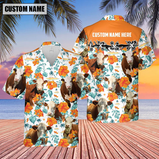 Hereford Hibiscus Floral Custom Name Hawaiian Shirt, Farm Hawaiian Shirt, Farmer Hawaii