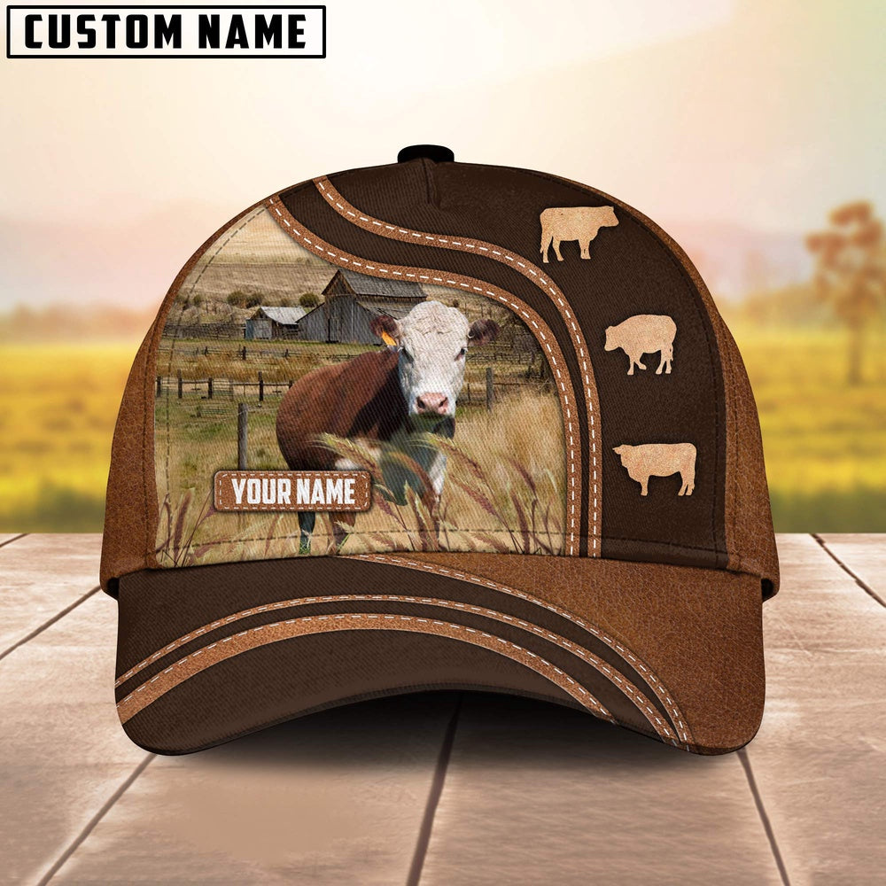 Hereford Leather Brown Pattern Customized Name Cap, Farmer Cap, Cap For Farmers, Best Farm Hat, Farm Use Hat