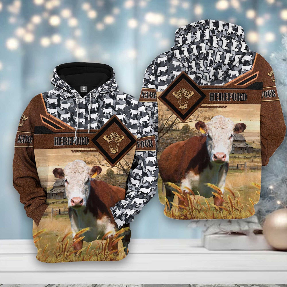 Hereford Leather Camo Pattern on Farm All Over Printed Hoodie, Farmer Hoodie, Farm Themed Shirts, Farm Tee Shirts