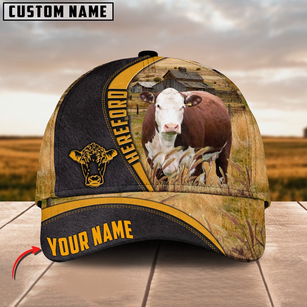 Hereford On Farm Black Yellow Leather Pattern Customized 3D Cap, Farmer Cap, Cap For Farmers, Best Farm Hat, Farm Use Hat