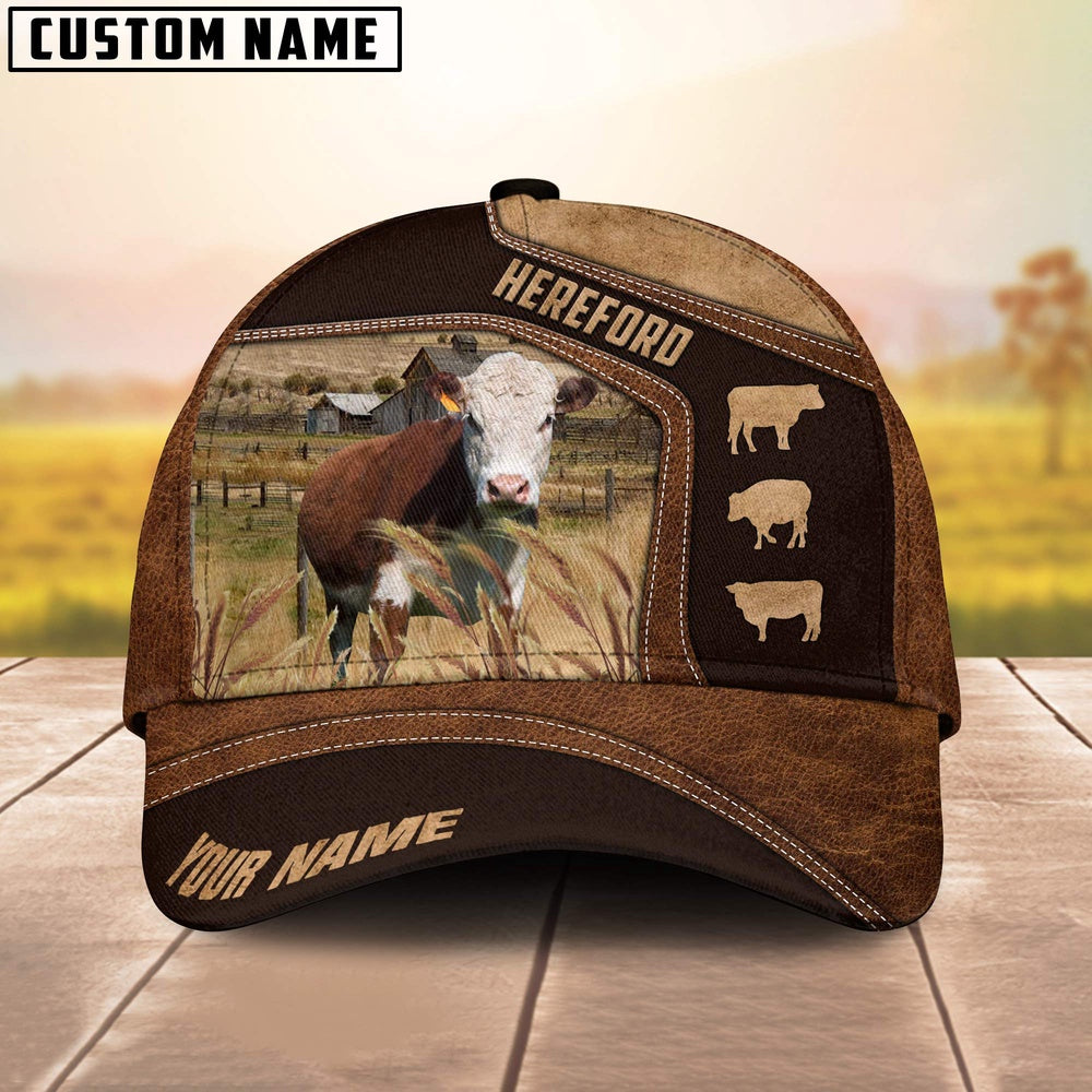 Hereford On Farm Brown Leather Pattern Customized 3D Cap, Farmer Cap, Cap For Farmers, Best Farm Hat, Farm Use Hat