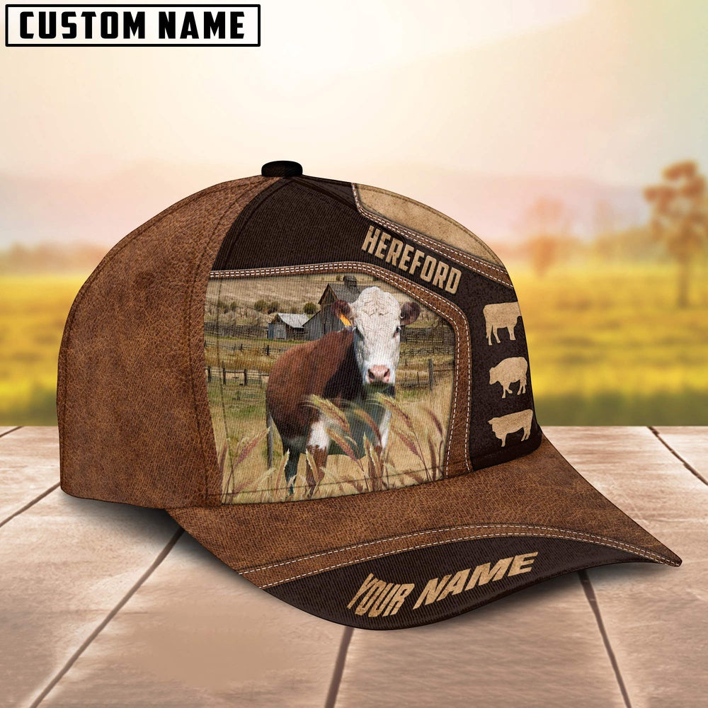 Hereford On Farm Brown Leather Pattern Customized 3D Cap, Farmer Cap, Cap For Farmers, Best Farm Hat, Farm Use Hat