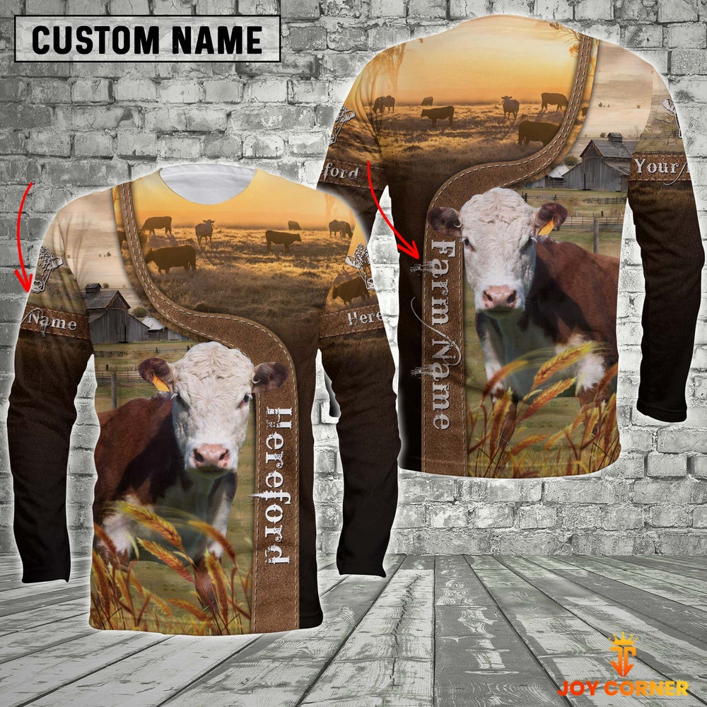 Hereford On The Farm Customized Name Brown Long Sleeve Shirt, Farmer Hoodie, Custom Farm Shirts, Farmer T Shirt