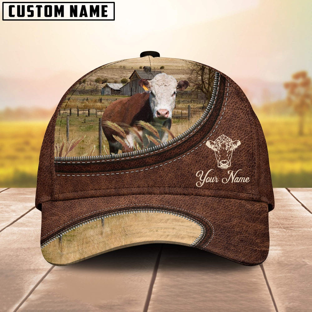 Hereford On The Farm Customized Name Leather Pattern Cap, Farmer Cap, Cap For Farmers, Best Farm Hat, Farm Use Hat