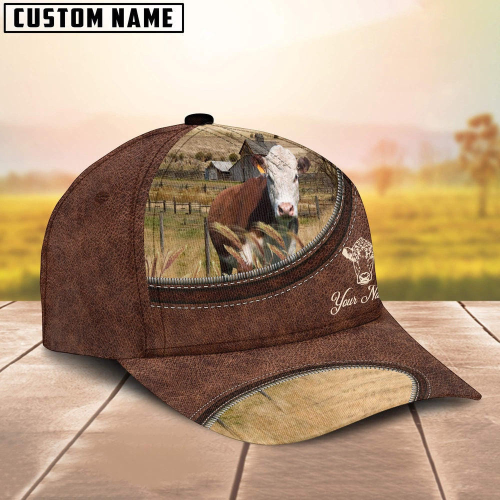 Hereford On The Farm Customized Name Leather Pattern Cap, Farmer Cap, Cap For Farmers, Best Farm Hat, Farm Use Hat