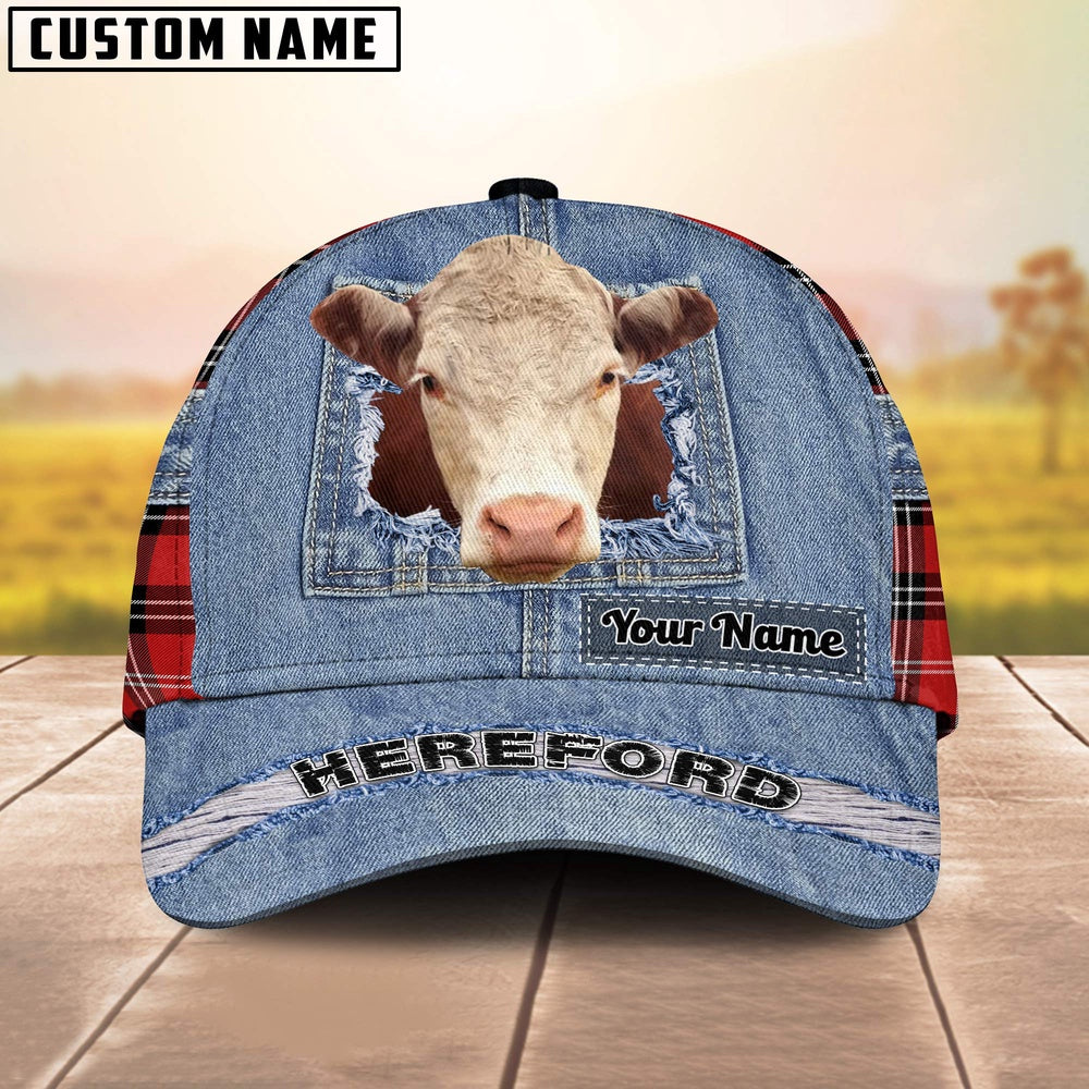 Hereford Overall Jeans Pattern And Red Caro Pattern Customized Name Cap, Farmer Cap, Cap For Farmers, Best Farm Hat, Farm Use Hat