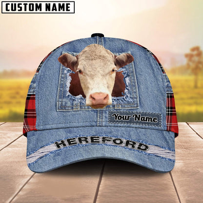 Hereford Overall Jeans Pattern And Red Caro Pattern Customized Name Cap, Farmer Cap, Cap For Farmers, Best Farm Hat, Farm Use Hat