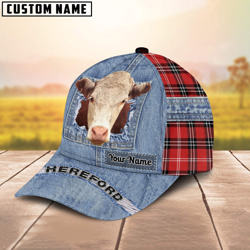 Hereford Overall Jeans Pattern And Red Caro Pattern Customized Name Cap, Farmer Cap, Cap For Farmers, Best Farm Hat, Farm Use Hat